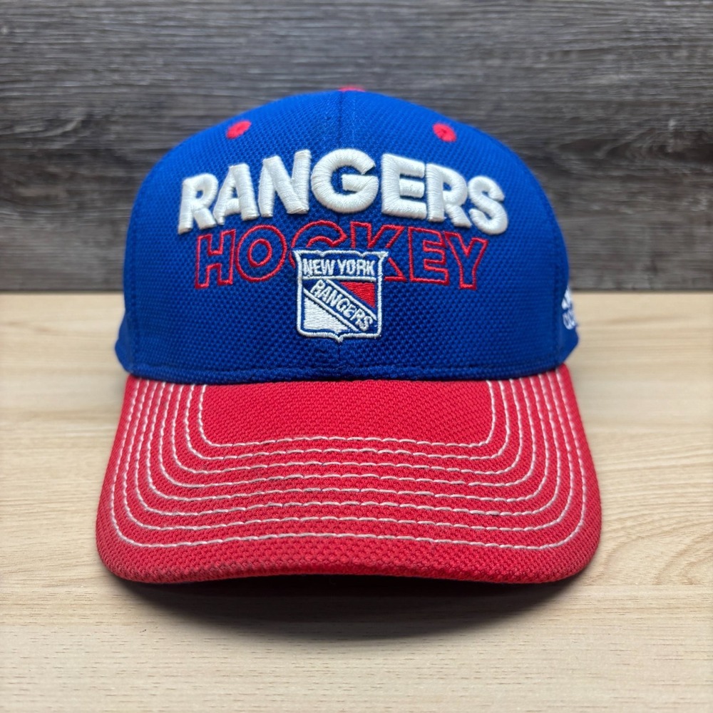 New York Rangers Hat Cap Flex Fit S/M Blue Red NHL Hockey MSG Broadway adidas
